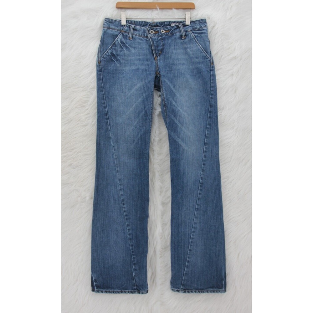 Volcom Hergo Bootcut Jeans Juniors Sz 5 Blue Double Button Ultra Low Rise #1415